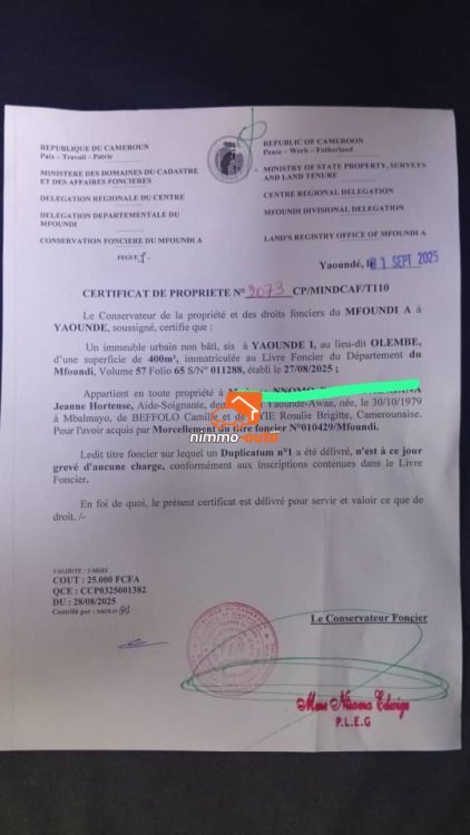 terrain à vendre à olembé stade