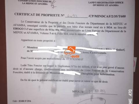 Terrain titré et d'habitation à vendre à Tsinga village