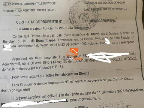 Terrain titré de 400m² à vendre à Bonaberi